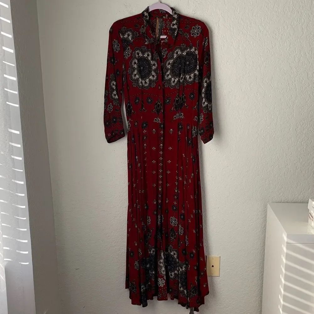 Aratta Silent Journey Flowy Red Patterned Pockets Maxi Shirt Dress Size M
